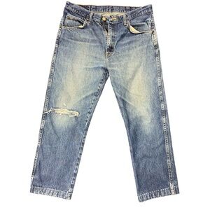 Wrangler Straight Leg Jeans Blue Denim Work Distressed Ripped Mens Size 34x30